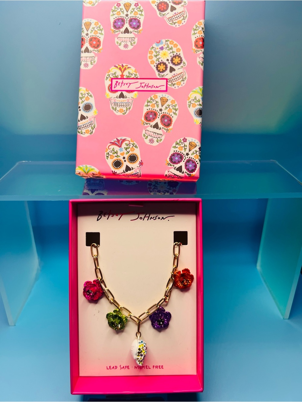 Betsey Johnson Pink Multicolor Floral Charm Necklace